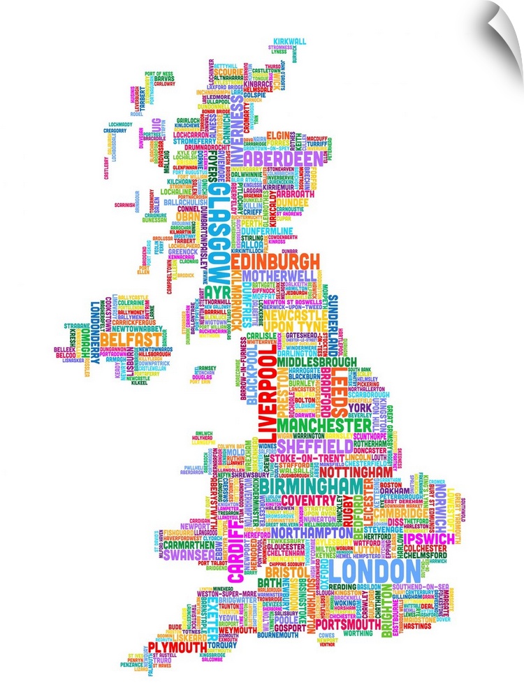 United Kingdom Cities Text Map, Multicolor on White