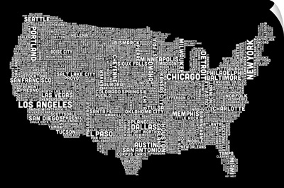 United States Cities Text Map, Black and White
