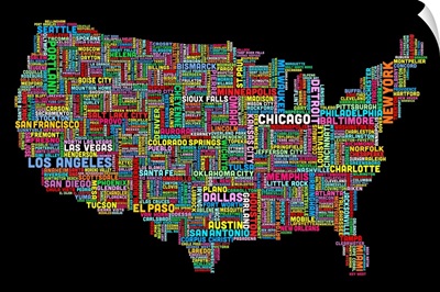 United States Cities Text Map, Multicolor on Black