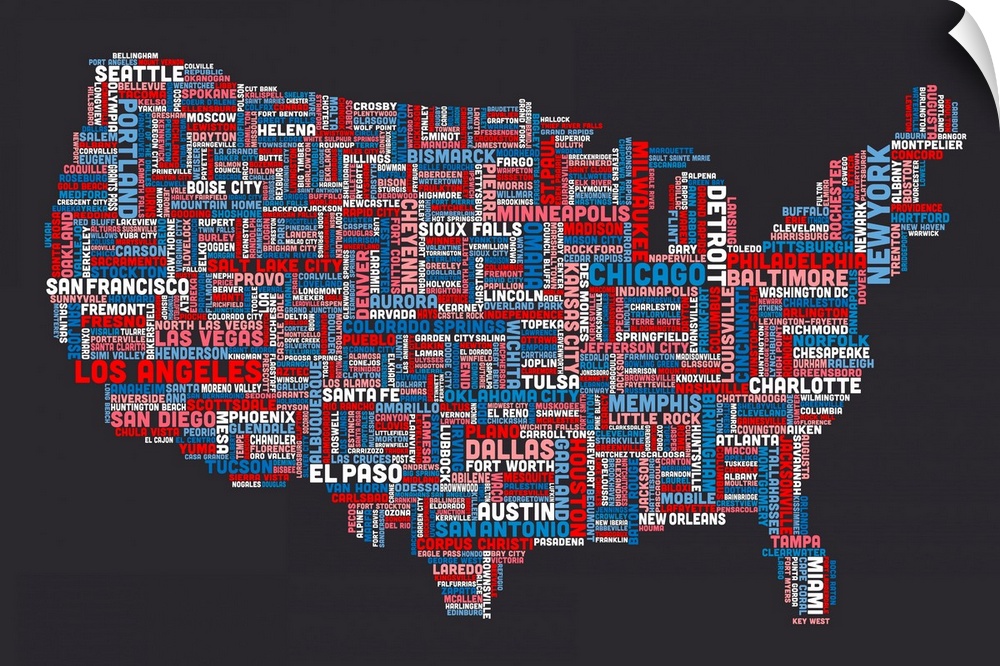 Some of the most populated cities in the US are written out to outline a map of the US.