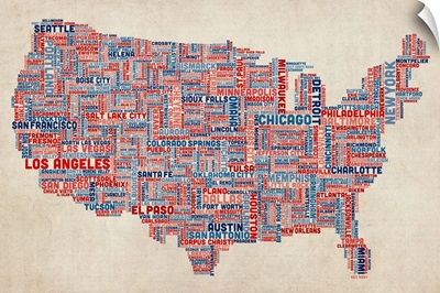 United States Cities Text Map, US Colors on Parchment