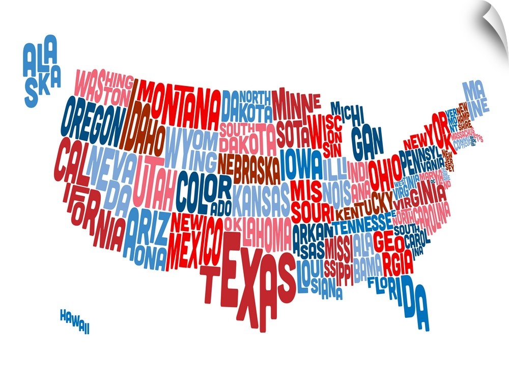 Contemporary piece of artwork of a map of the United States made up of the names of the states.