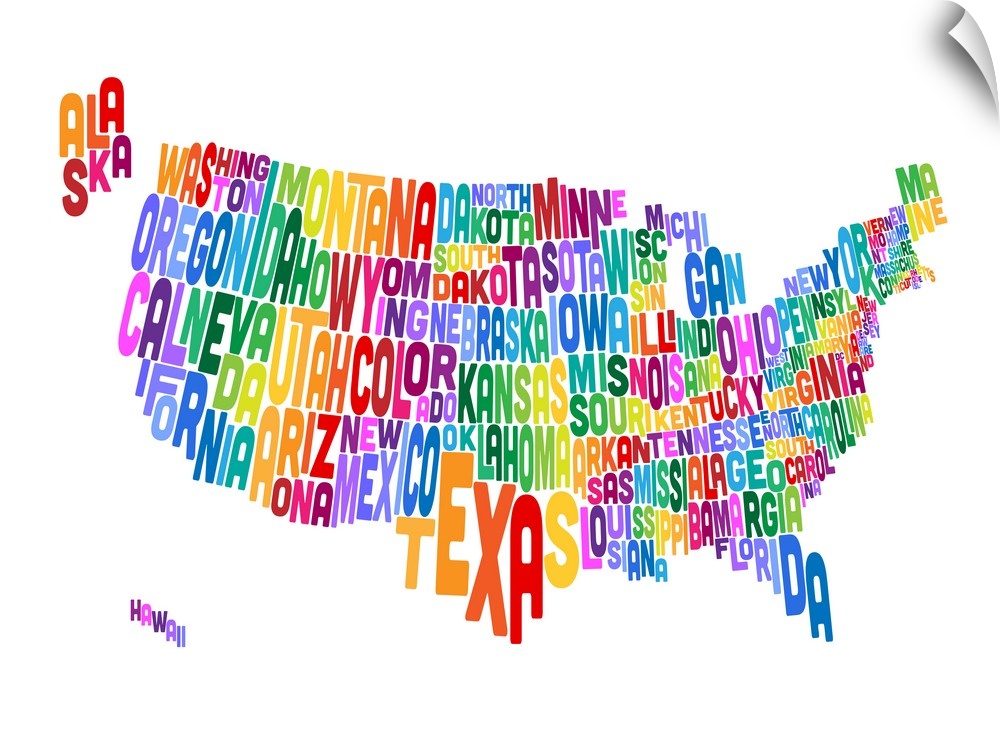Contemporary typography world map. Each state shape is the name of that state.