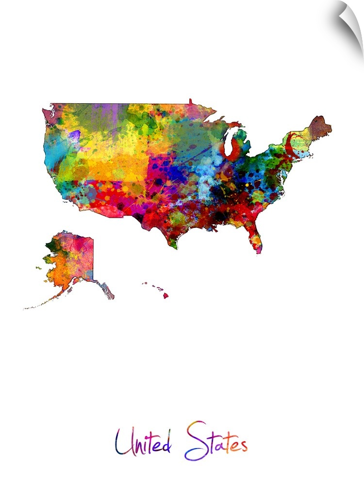 A watercolor map of the United States of America.