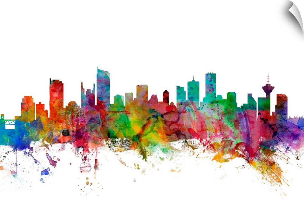Watercolor artwork of the Vancouver skyline against a white background.