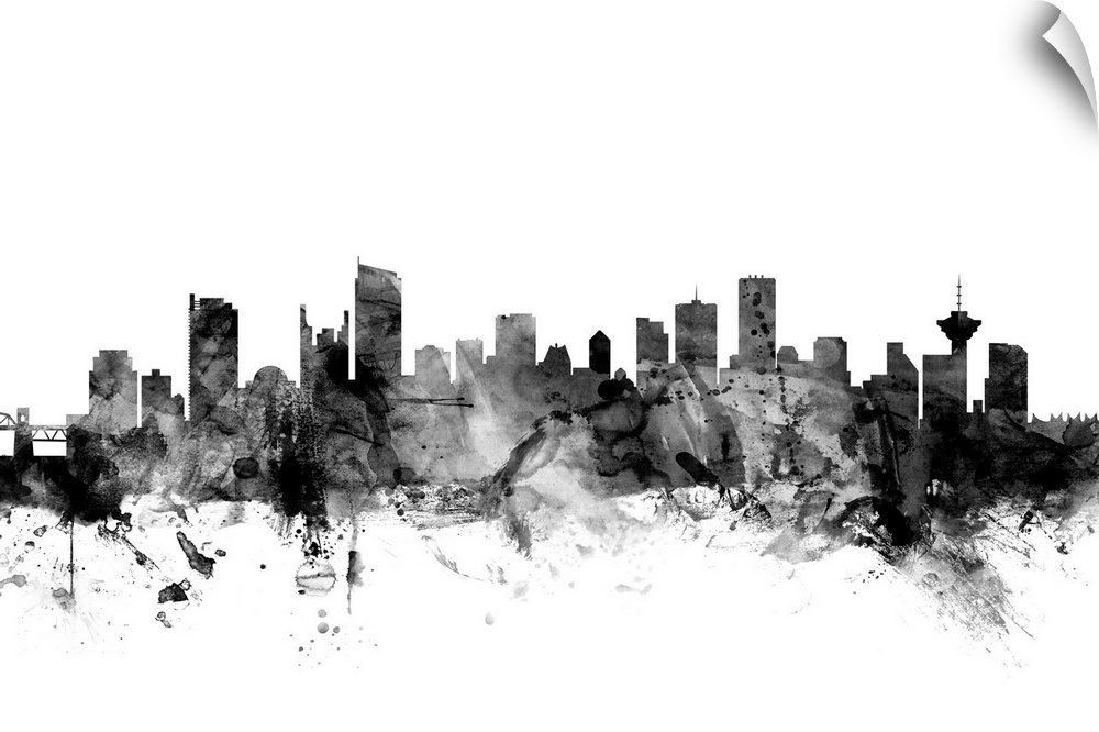 Contemporary artwork of the Vancouver city skyline in black watercolor paint splashes.