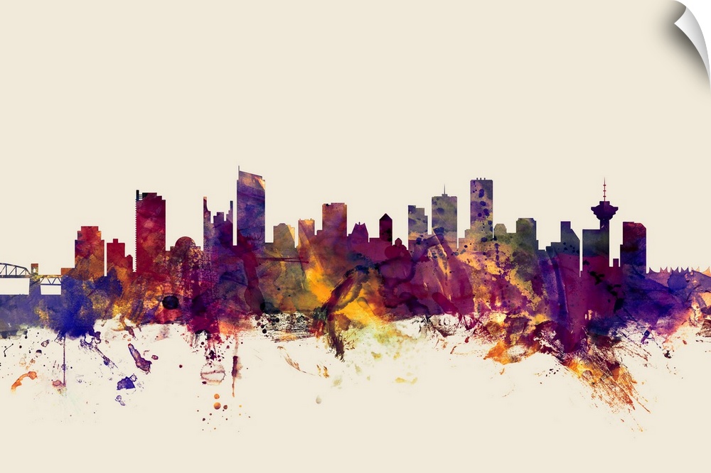 Watercolor art print of the skyline of the city of Vancouver, British Columbia, Canada.