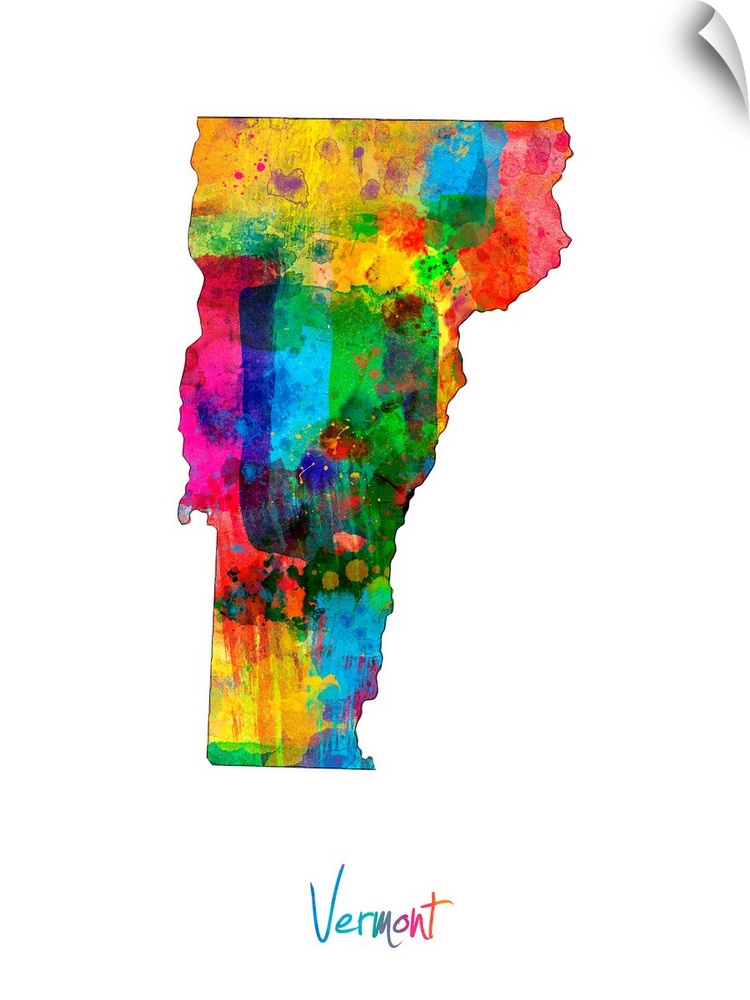 Contemporary artwork of a map of Vermont made of colorful paint splashes.