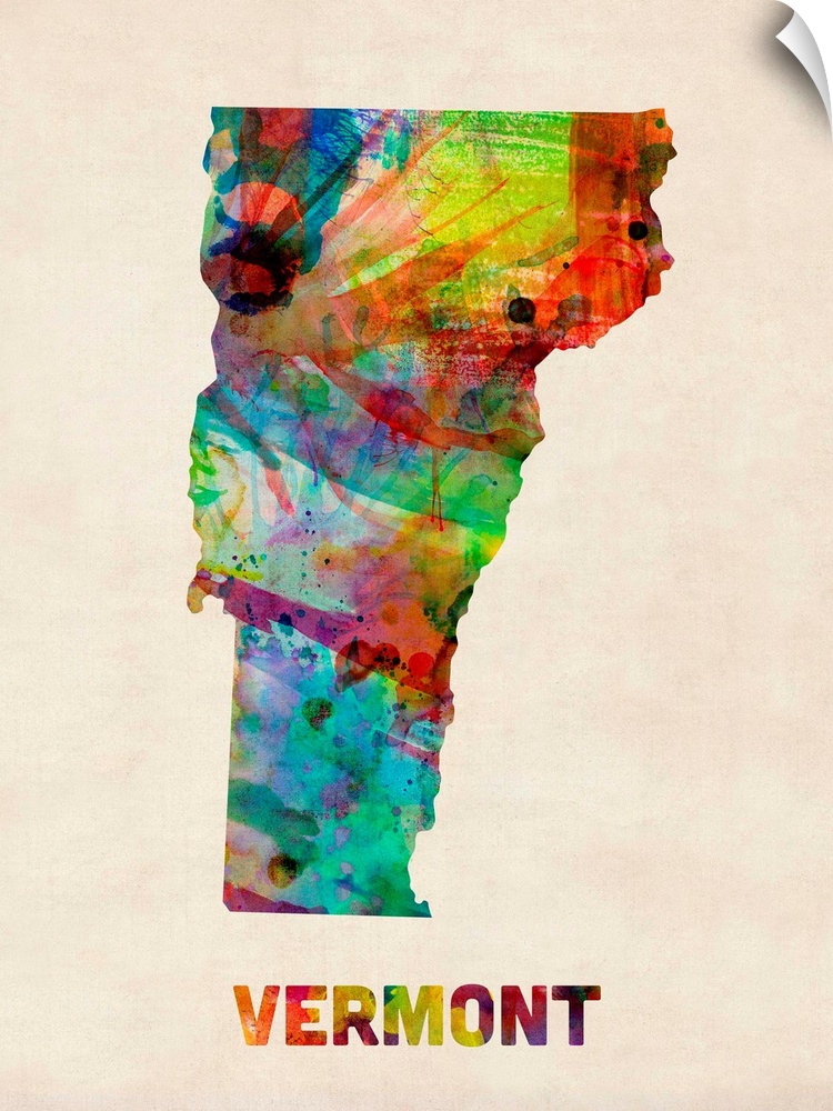 Contemporary piece of artwork of a map of Vermont made up of watercolor splashes.