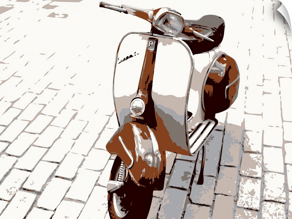 Retro artwork of a Vespa scooter that stands alone on white brick.