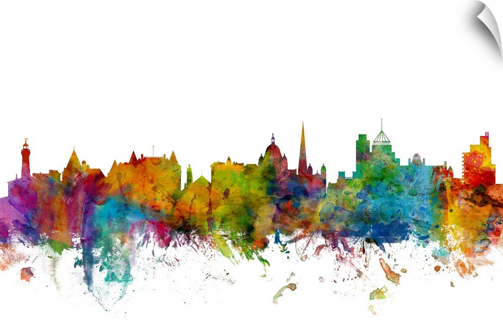 Watercolor artwork of the Victoria skyline against a white background.