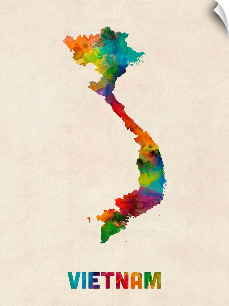 Colorful watercolor art map of Vietnam against a distressed background.