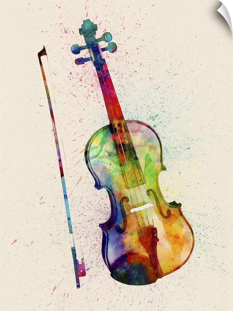 Contemporary artwork of a violin with bright colorful watercolor paint splatter all over it.