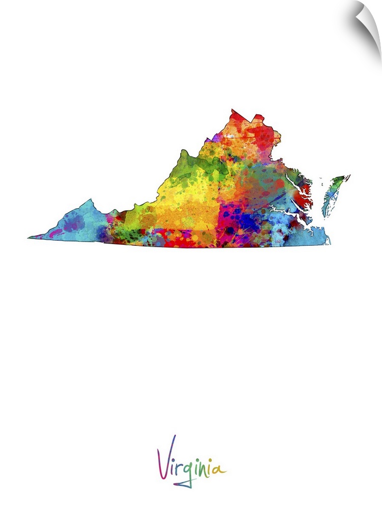 Contemporary artwork of a map of Virginia made of colorful paint splashes.