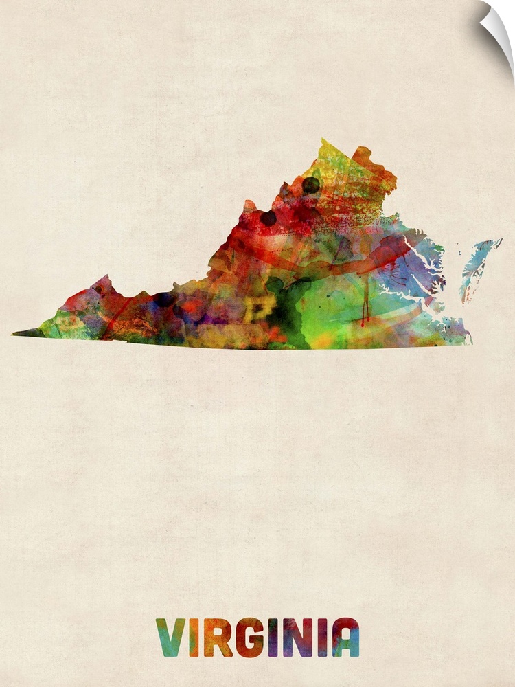 Contemporary piece of artwork of a map of Virginia made up of watercolor splashes.