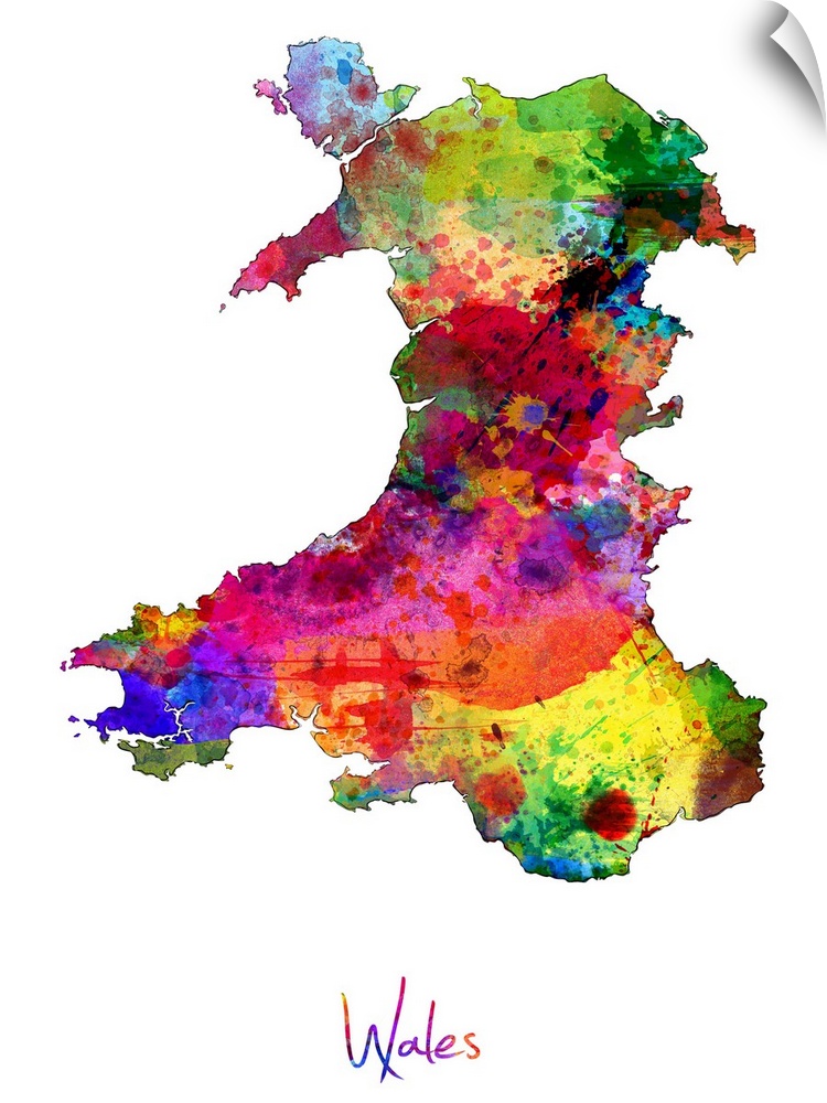 Watercolor art map of the country Wales against a white background.