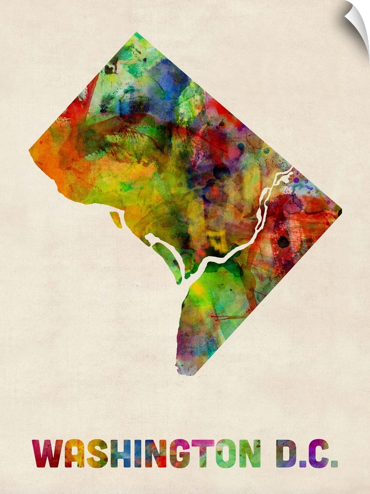 Contemporary piece of artwork of a map of Washington DC made up of watercolor splashes.