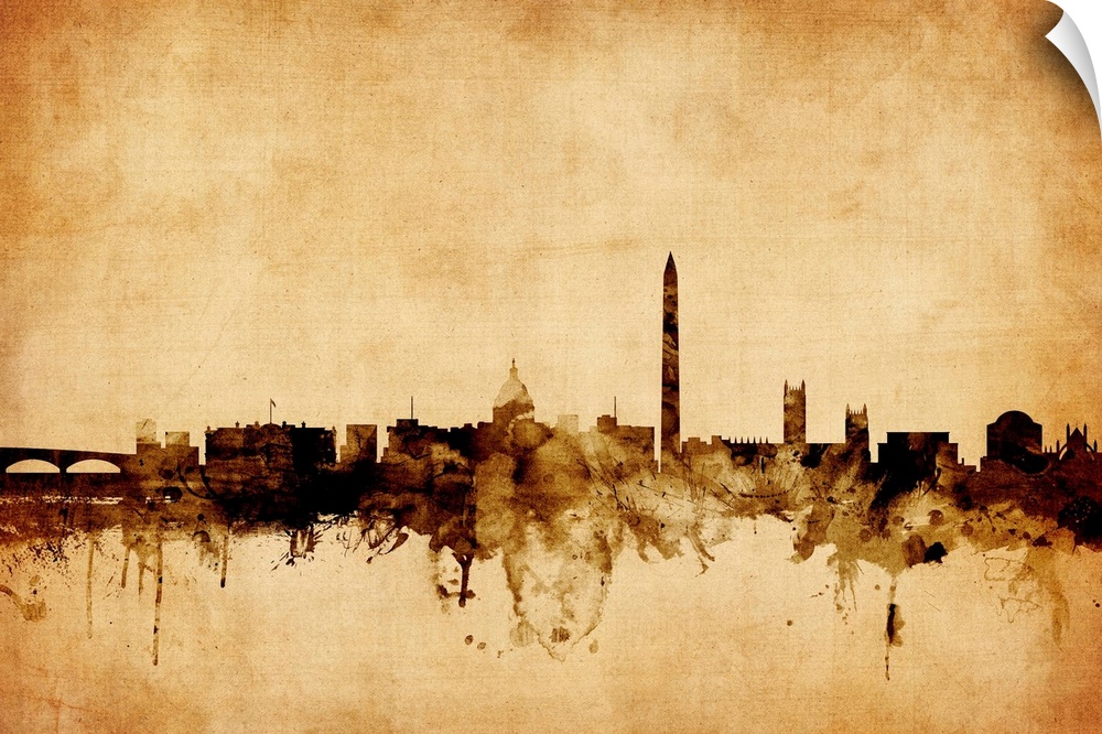 Contemporary artwork of the Washington DC city skyline in a vintage distressed look.
