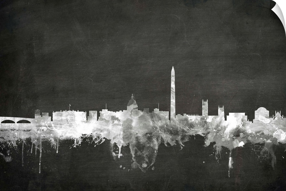 Smokey dark watercolor silhouette of the Washington DCcity skyline against chalkboard background.