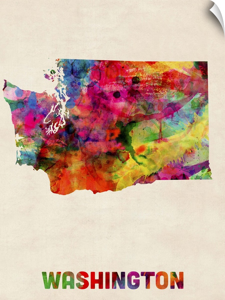 Contemporary piece of artwork of a map of Washington made up of watercolor splashes.