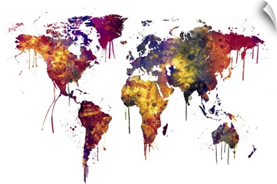 Watercolor Map of the World, Red and Yellow on White