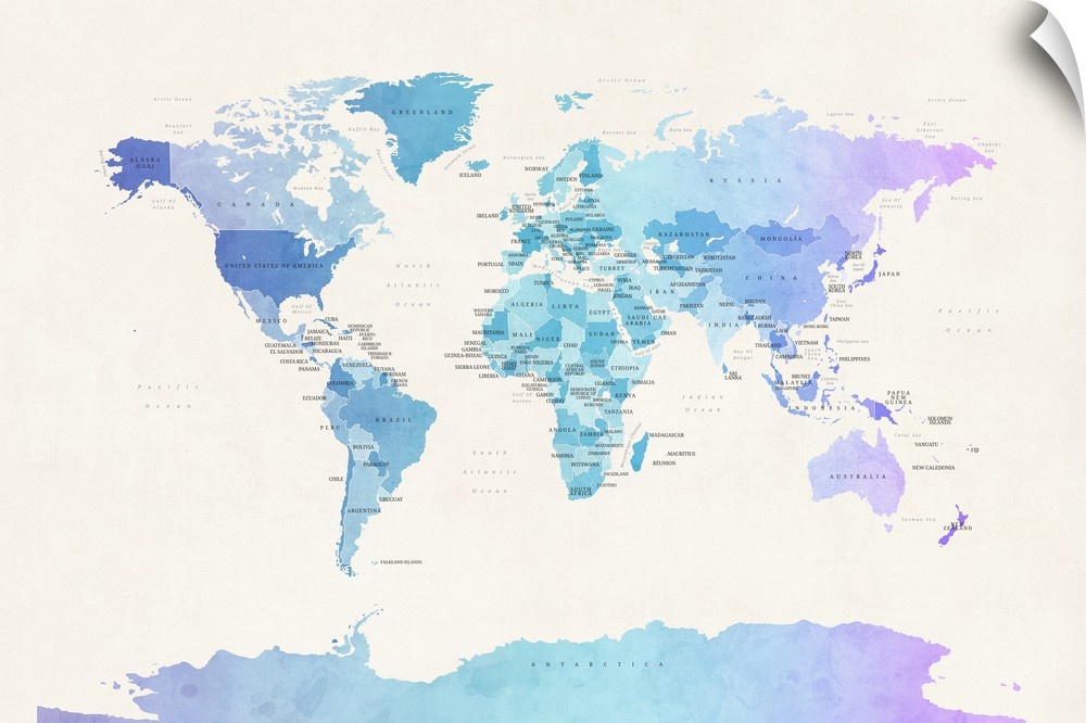 Contemporary artwork of a political map of the world in watercolor.