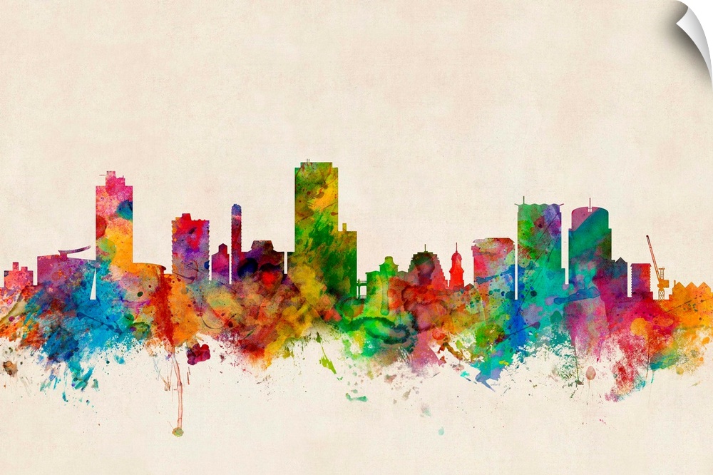Contemporary piece of artwork of the Wellington, New Zealand skyline made of colorful paint splashes.