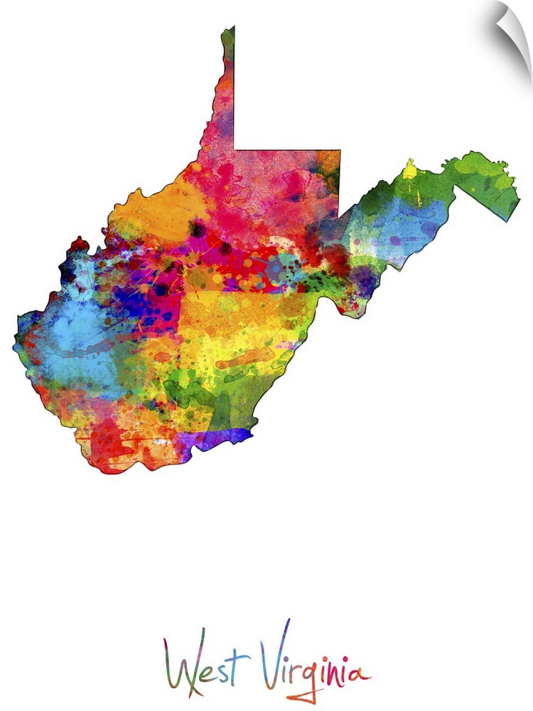 Contemporary artwork of a map of West Virginia made of colorful paint splashes.