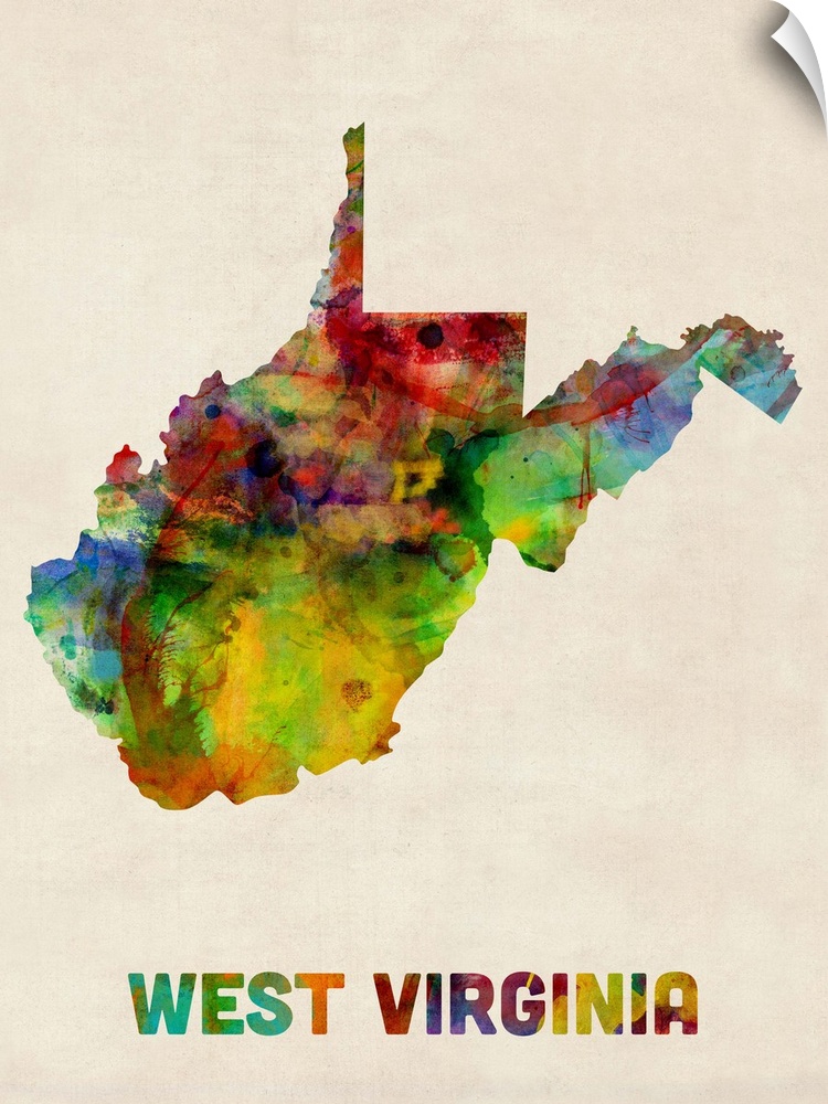 Contemporary piece of artwork of a map of West Virginia made up of watercolor splashes.