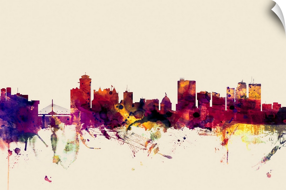 Watercolor art print of the skyline of the city of Winnipeg, Manitoba, Canada.