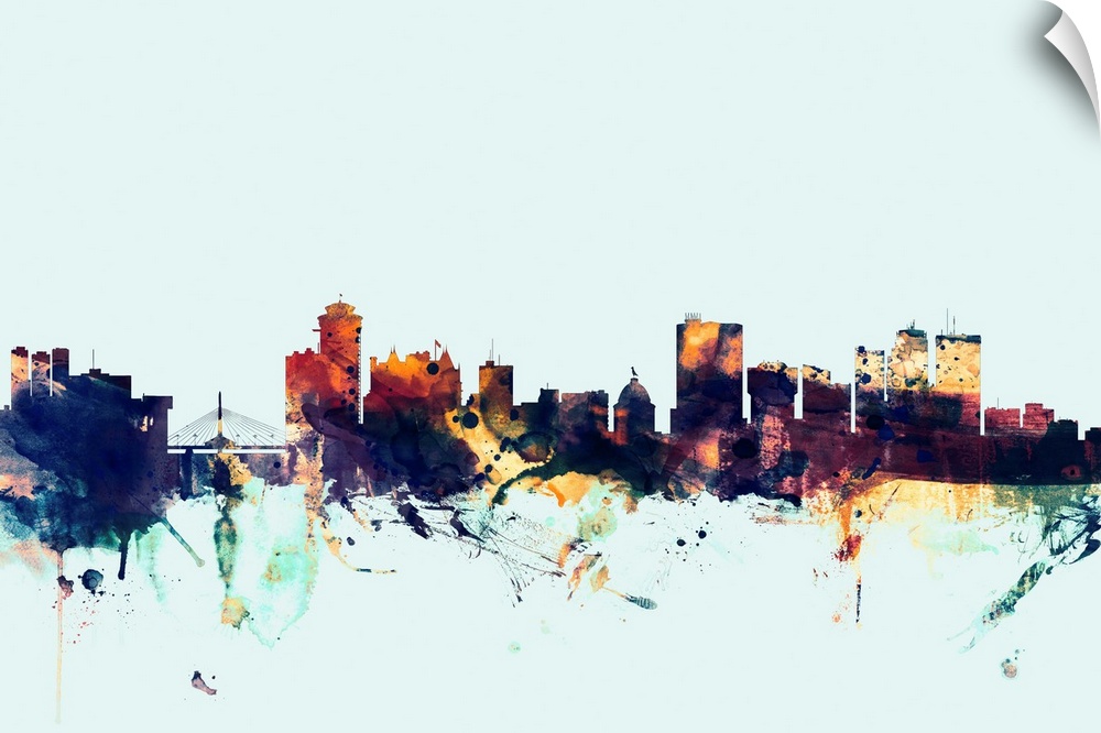 Watercolor art print of the skyline of the city of Winnipeg, Manitoba, Canada.