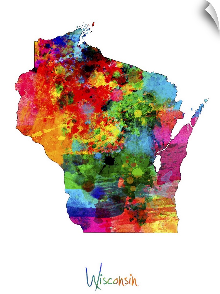 Contemporary artwork of a map of Wisconsin made of colorful paint splashes.