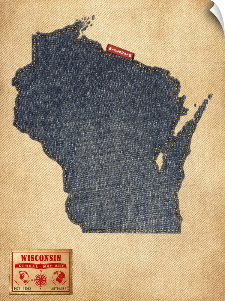 Contemporary artwork of the state of Wisconsin made of denim, against a rustic background.