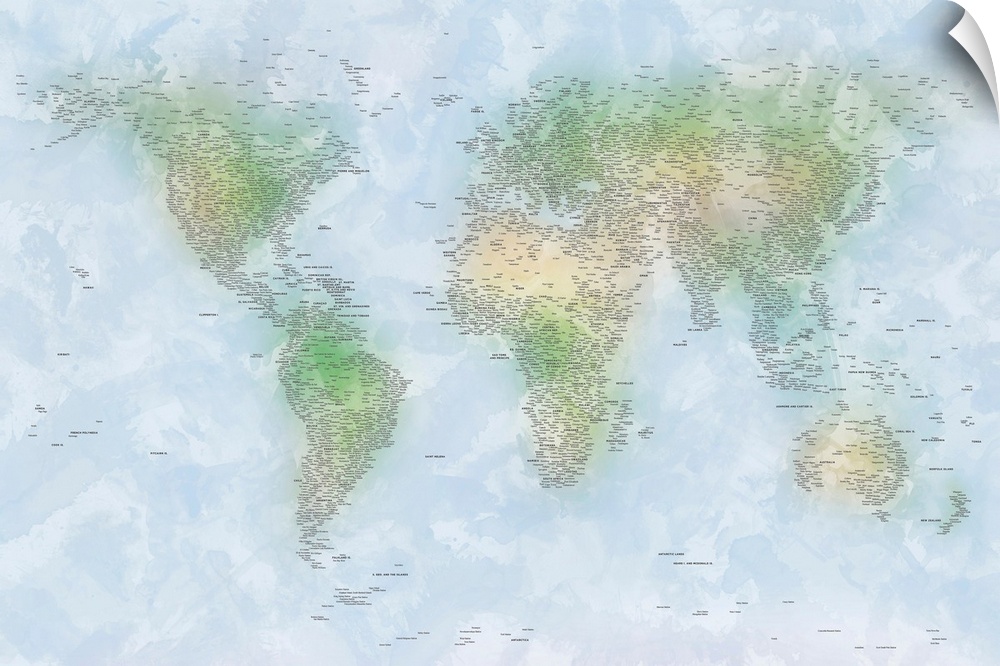 World map painted in watercolors with no lines for country or land boundaries drawn just names of cities and countries.