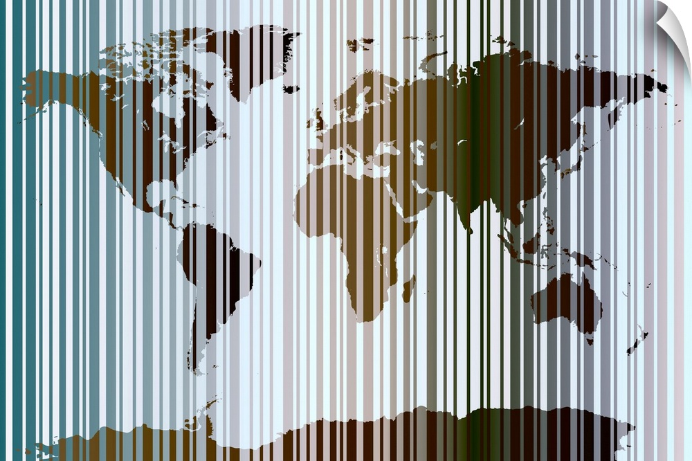 Contemporary piece of a map of the world with different colored vertical stripes running across the print.