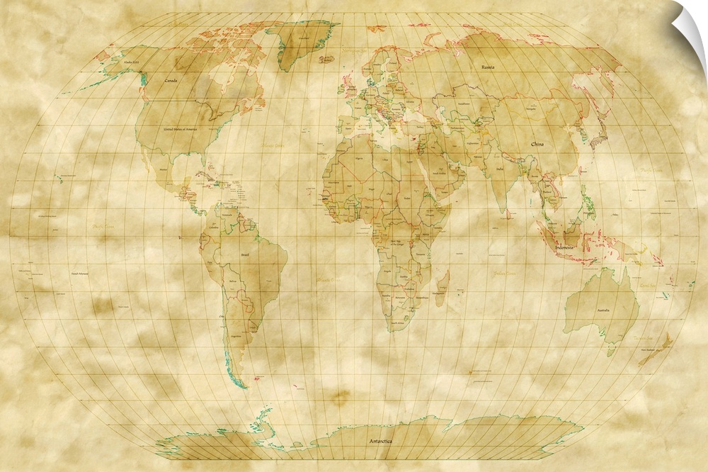 This is a contemporary political map of the world with an antique style. Each individual country on the world map is shown...