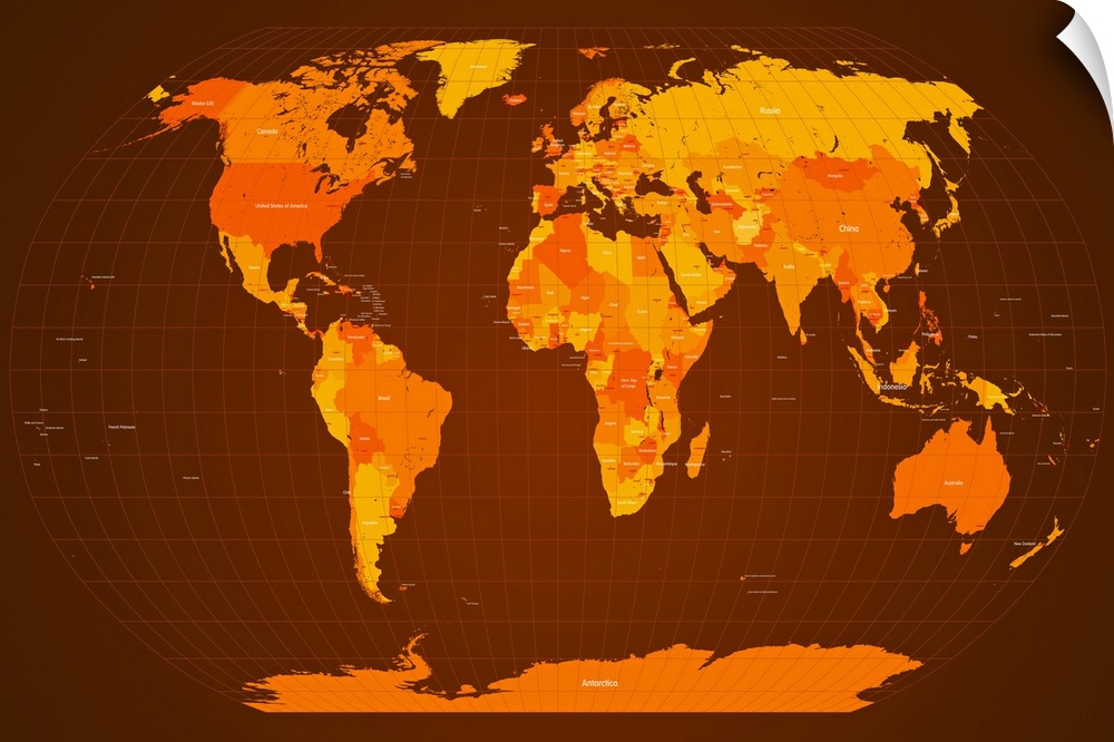 Map of the world, in autumn colors. Each individual country on the world map is shown in a different shade of orange, with...