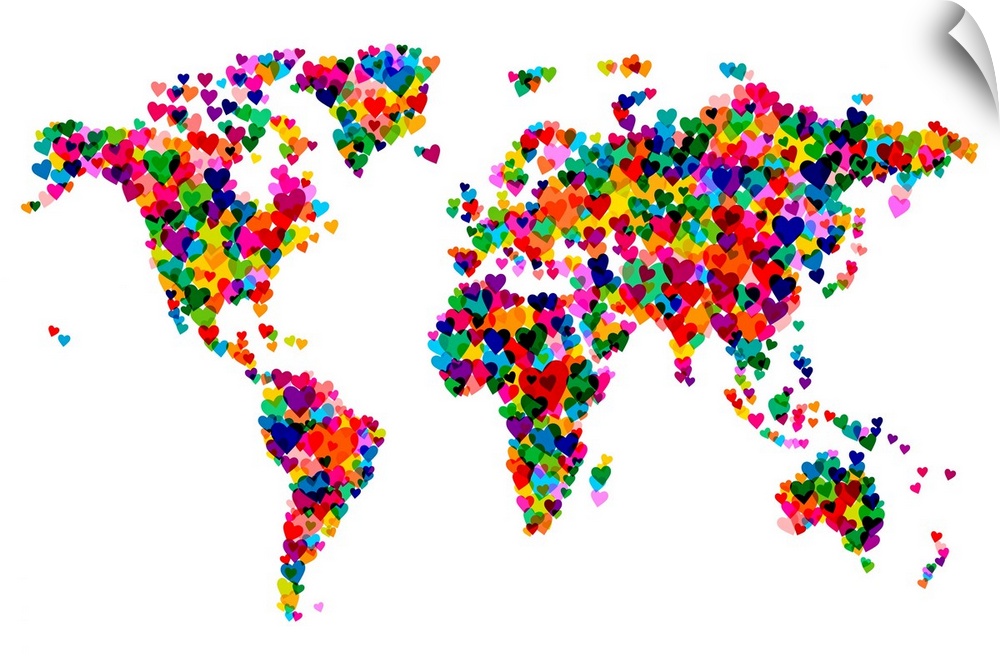A map made from collaging hearts into the shapes of the six main continents.