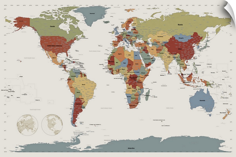Multicolored map of the world in muted colors showing continents with country and boundary lines, oceans, and two smaller ...