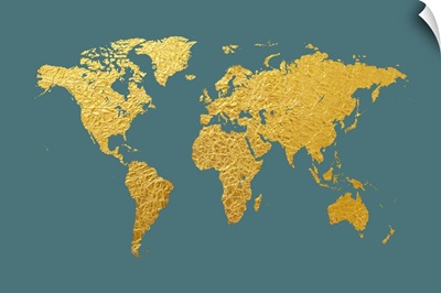 World Map in Gold Foil, Teal
