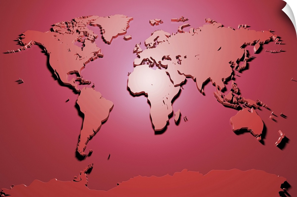 A map of the world in red, created from a 3D digital render. Maps come in many shapes and forms. Although current atlas st...