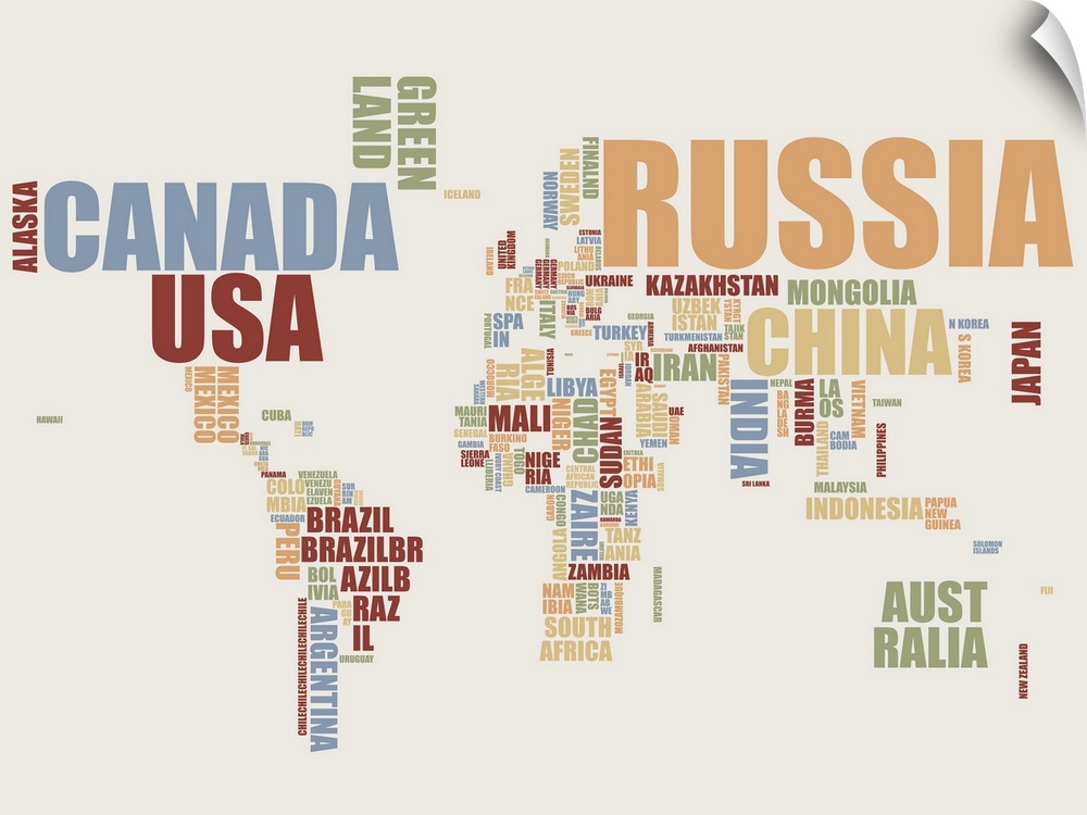 Contemporary typographic map of the world.  Each continent is shaped by the letters that create each country's name.