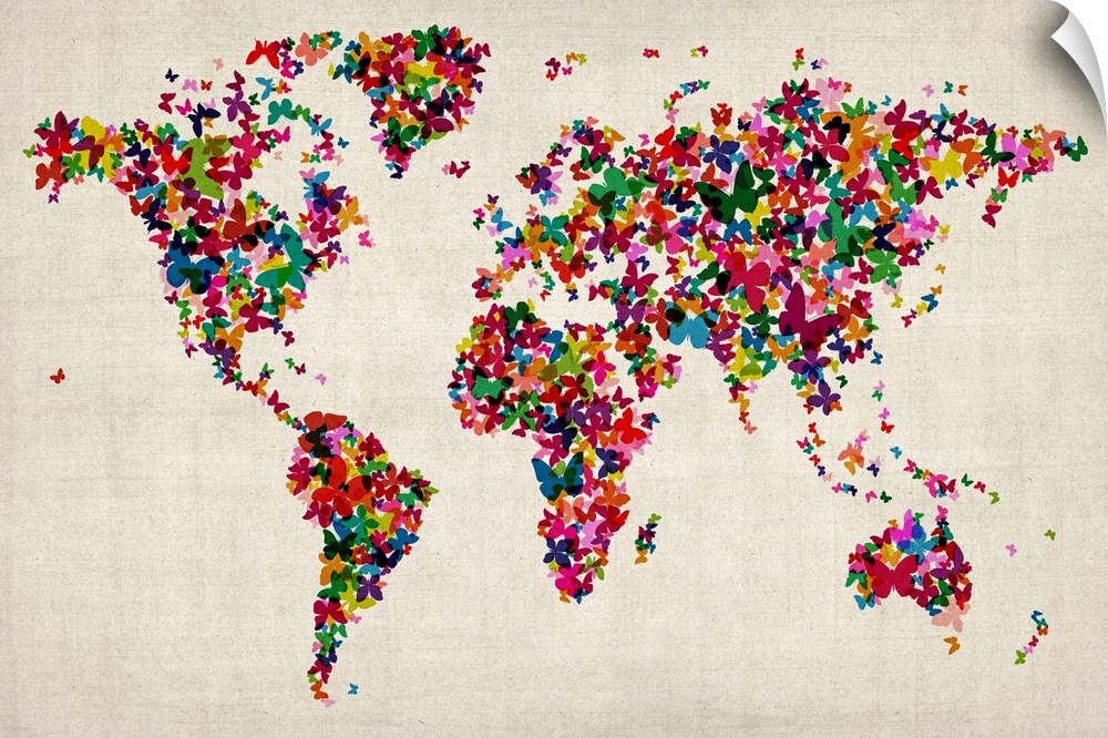 Oversized, horizontal wall hanging of the world map with all countries made of various colors and sizes of butterflies, on...
