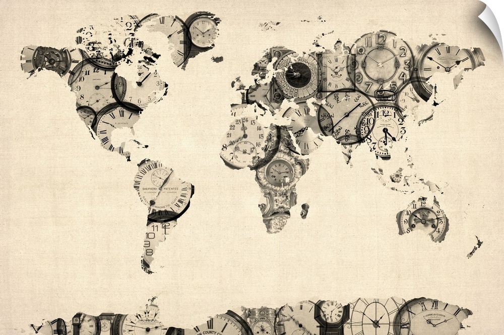 Large map of the world printed on canvas created with a bunch of clock images.