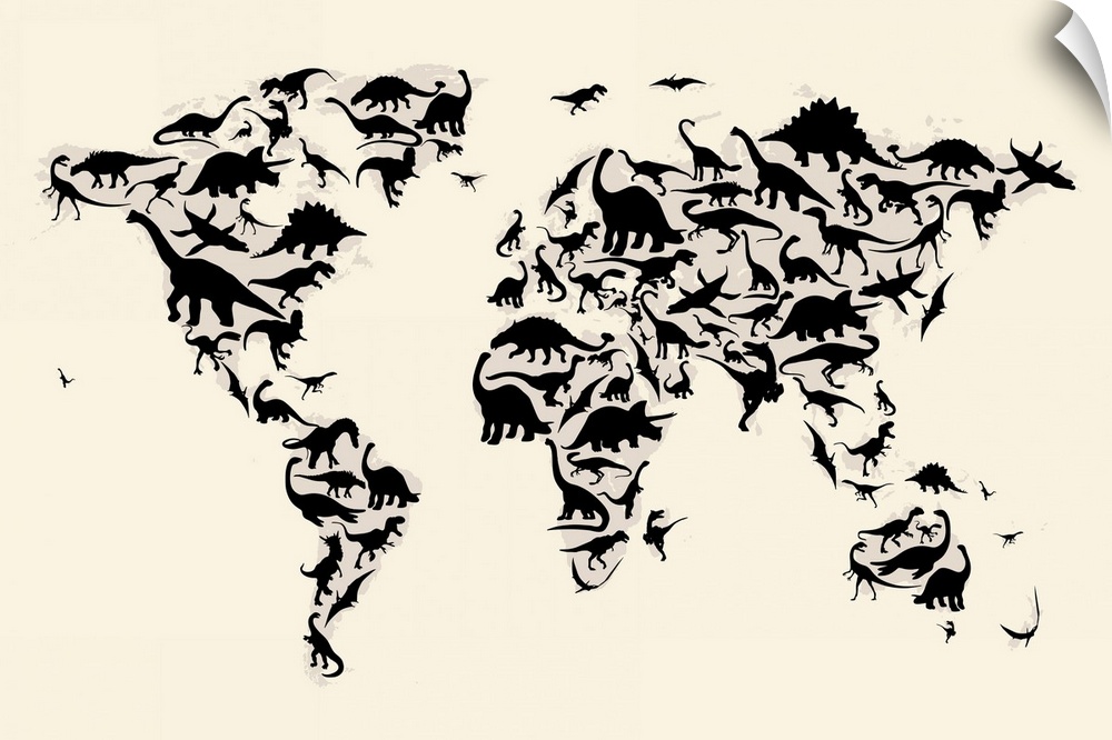 Large, landscape wall hanging of the world map made up of the silhouettes of various dinosaurs, on a solid, light background.
