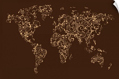 World map made up of Floral Swirls - brown background