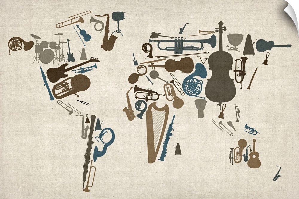 Map of the world with silhouetted instrument shapes as continents.  Instruments used include a guitar, drum set, flute, cl...