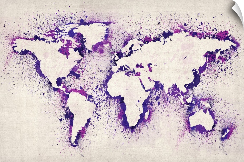 Artwork of a map of the continents created from stenciled ink splashes.