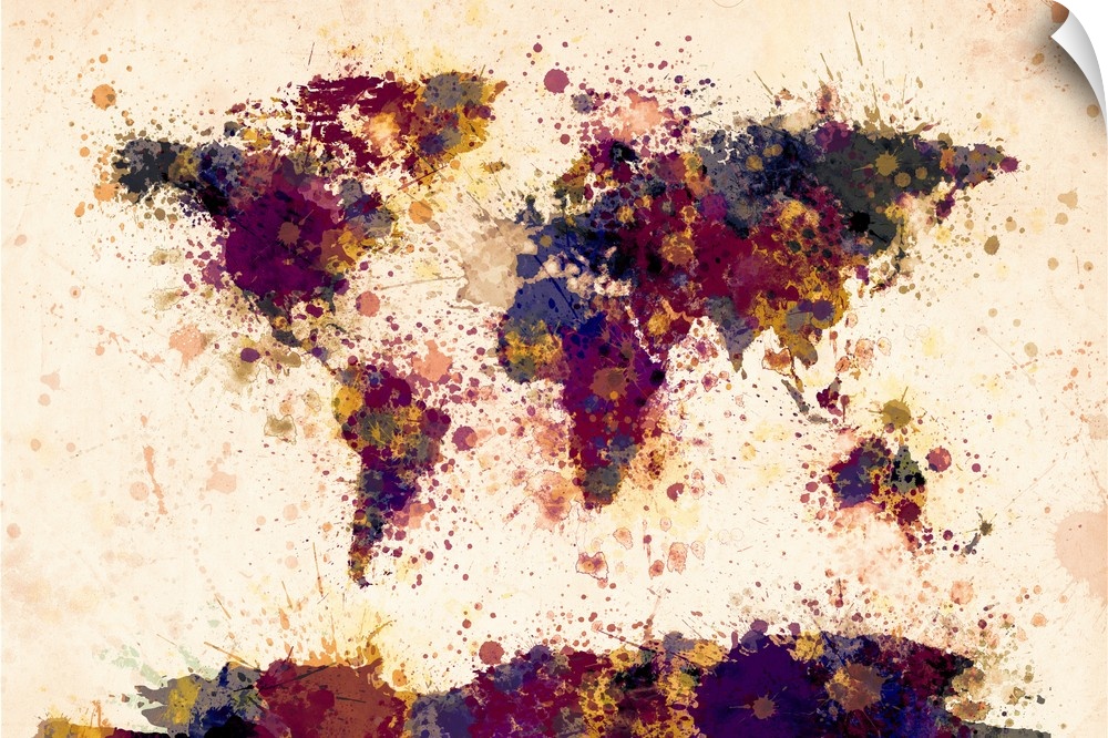 Contemporary world map artwork made of dark watercolor paint splashes.