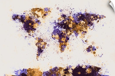 World Map Paint Splashes, Yellow and Purple